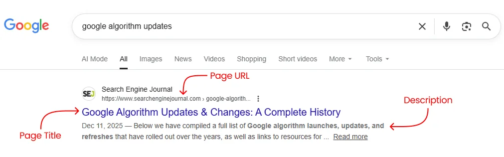 Organic search result for Google algorithm updates query