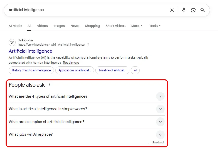 People Also Ask section showing related questions in Google search results.