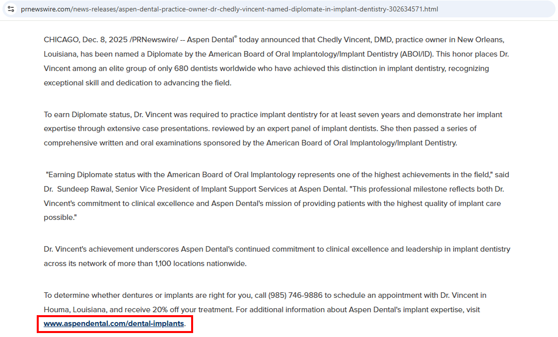 PR Newswire news release featuring Aspen Dental as an expert dental source