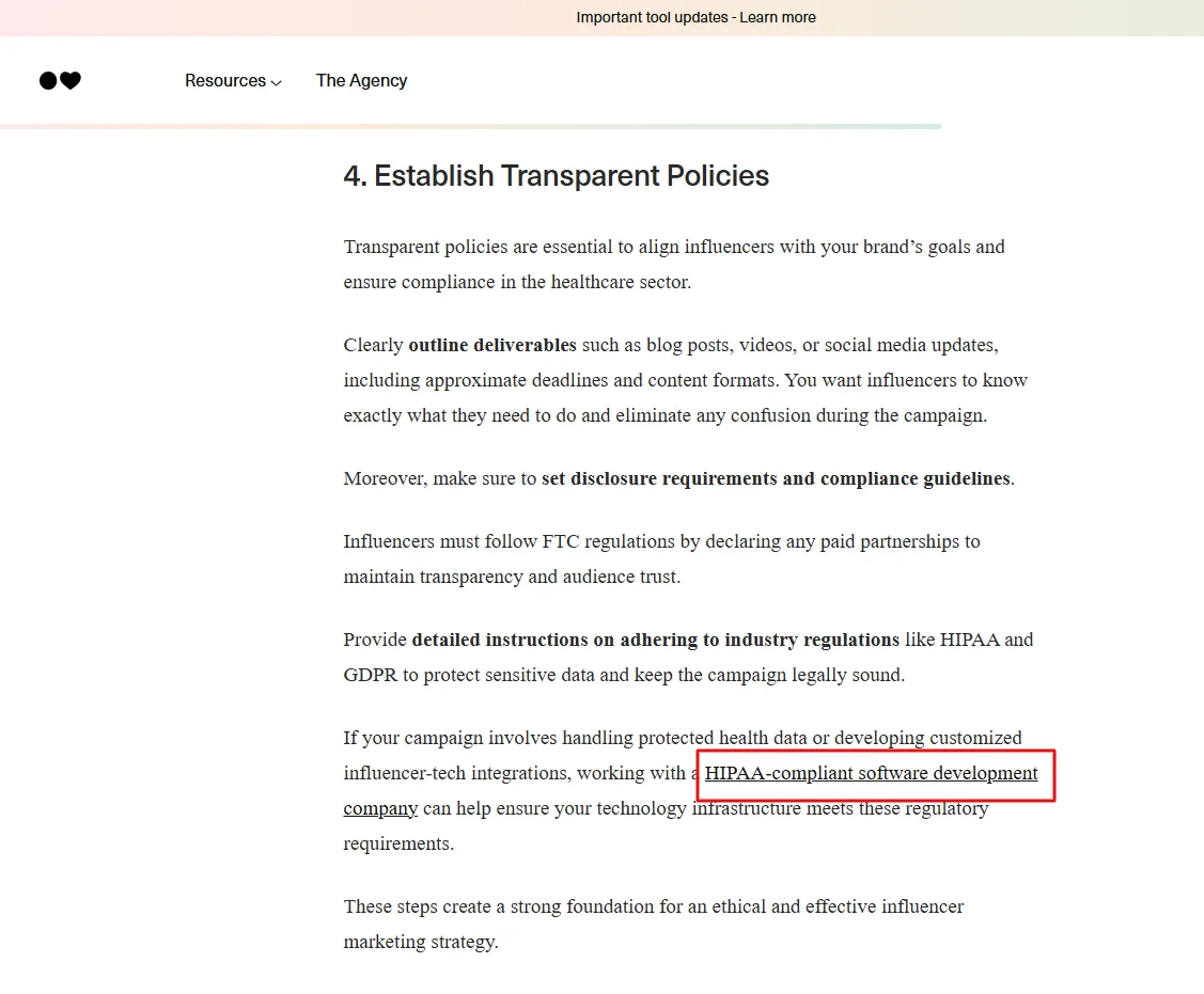 Resource page backlink from inBeat blog linking to Swovo’s HIPAA-compliant software service