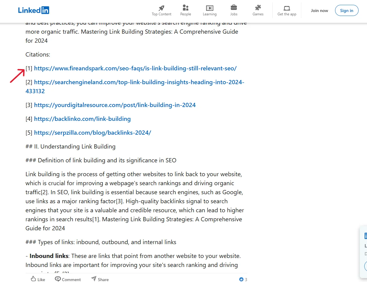 Screenshot of a LinkedIn post linking to an external SEO guide