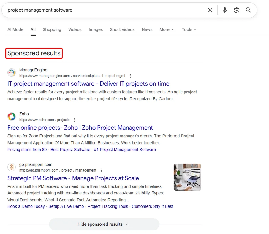 screenshot of sponsored result for a search query