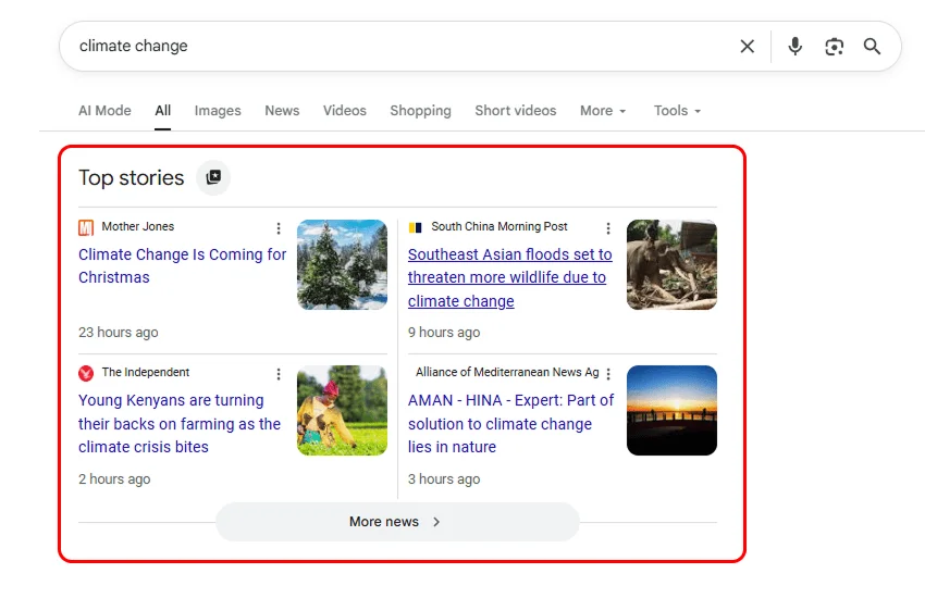 Top Stories section showing recent news articles in Google search results.