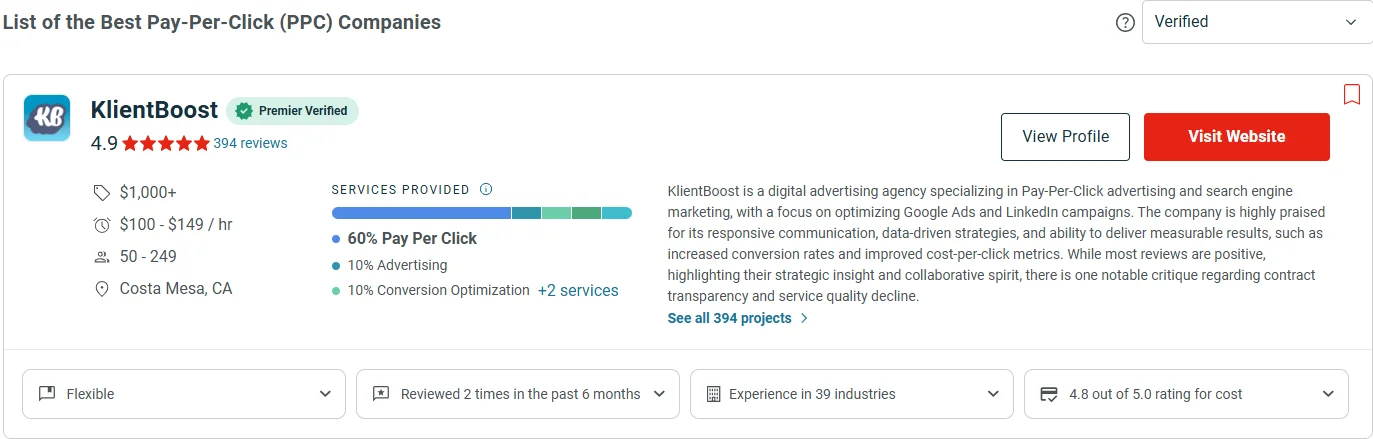 Clutch screenshot featuring a KlientBoost testimonial with a backlink.