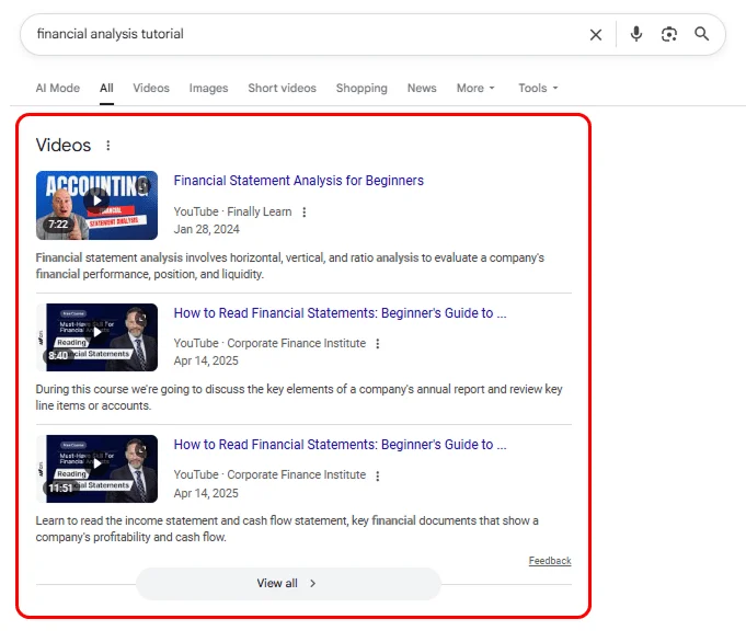 Video results in Google search results.