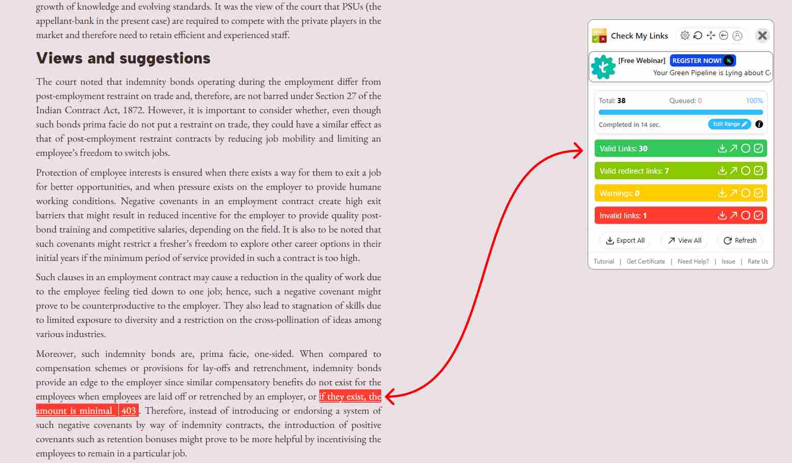 Check My Links extension showing a broken link on a website