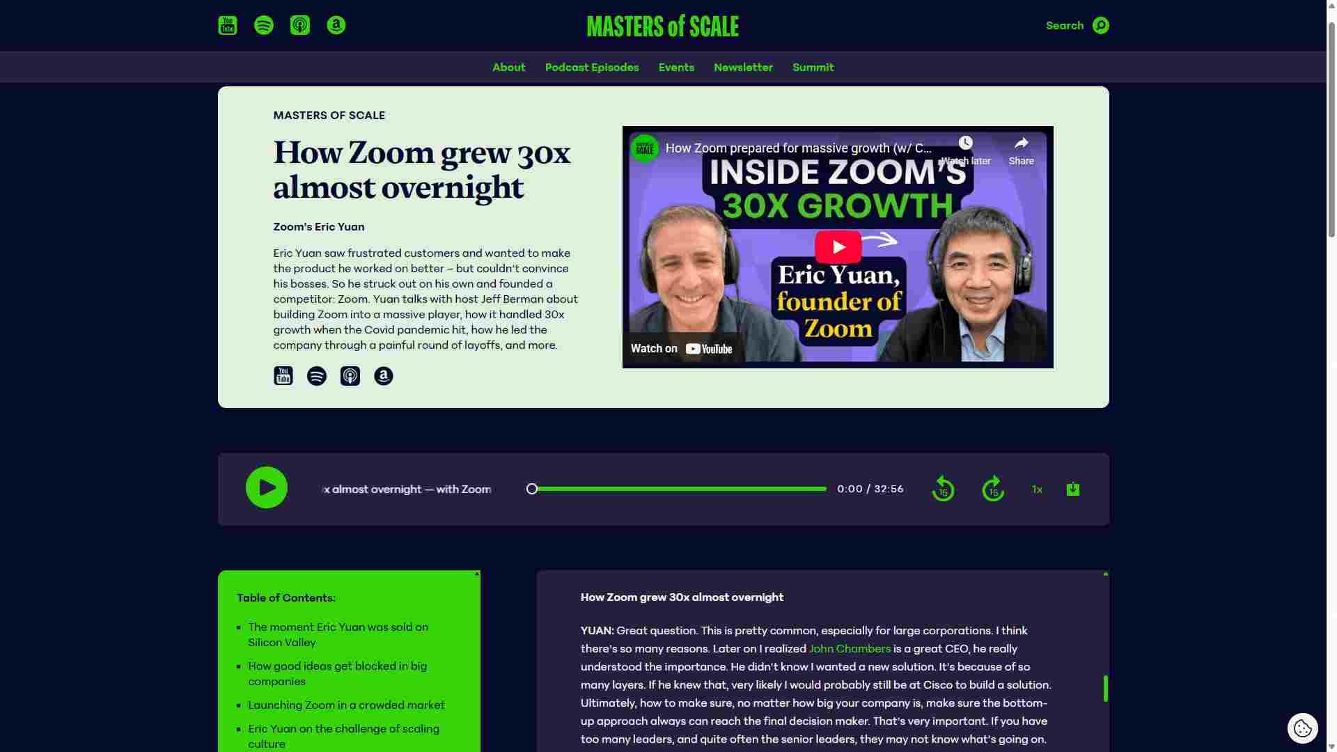 Masters of Scale featuring a guest podcast episode and show notes with a link.