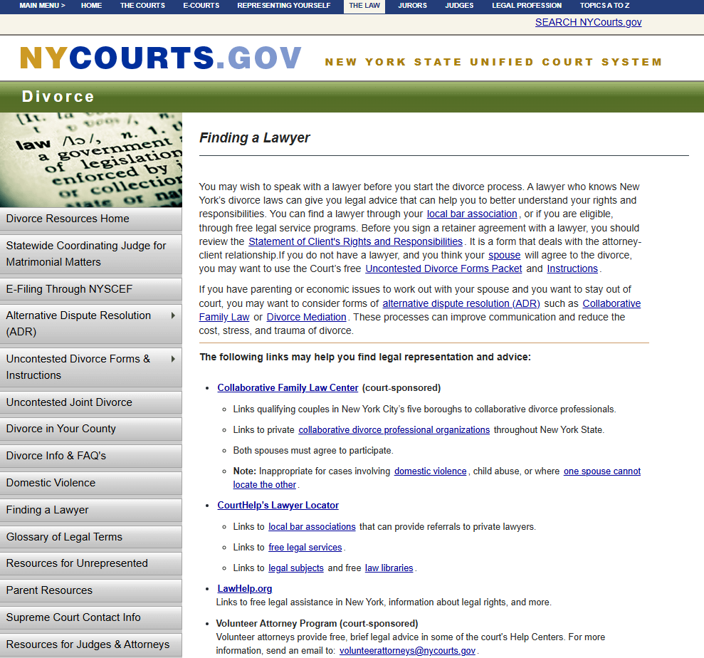 nycourts.gov page showing lawyer referral and legal help links.