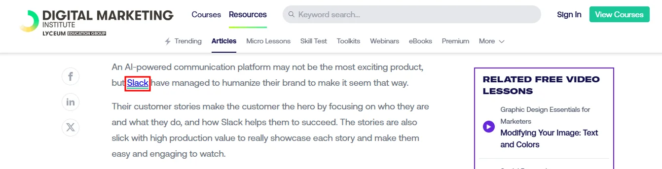 Digital marketing blog mentioning Slack with a contextual link inside the content.