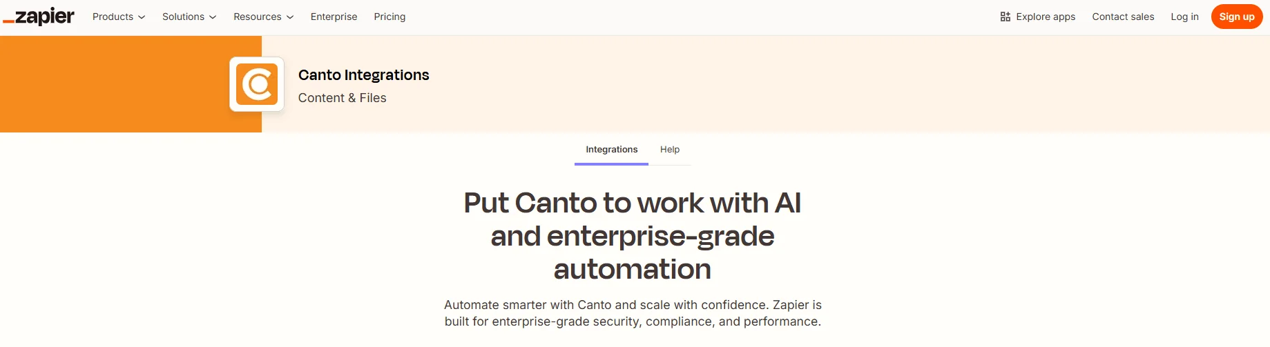 Screenshot of Zapier and Canto integration page showing partnership and integration details.