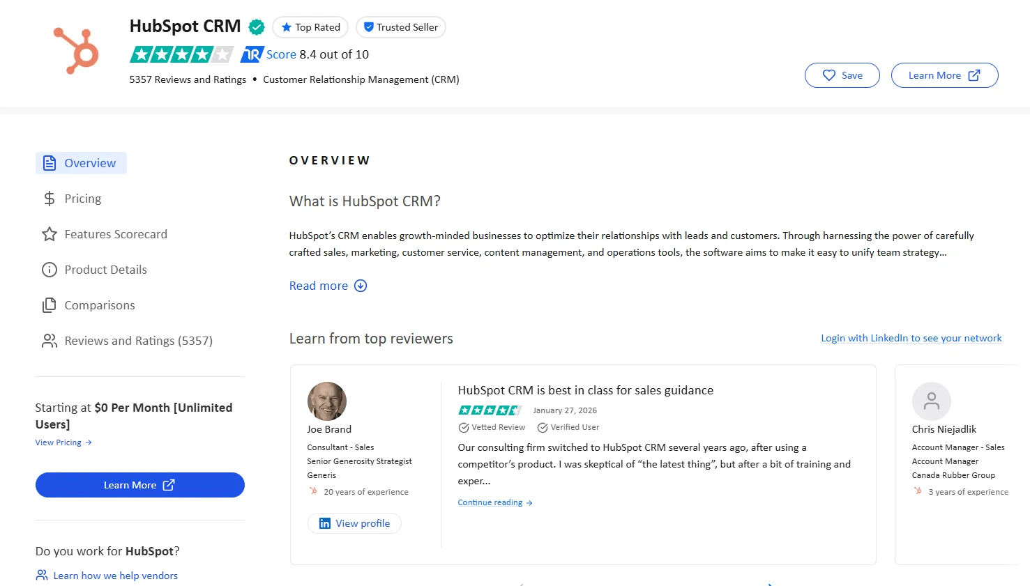 TrustRadius review page showing HubSpot star rating and customer reviews.