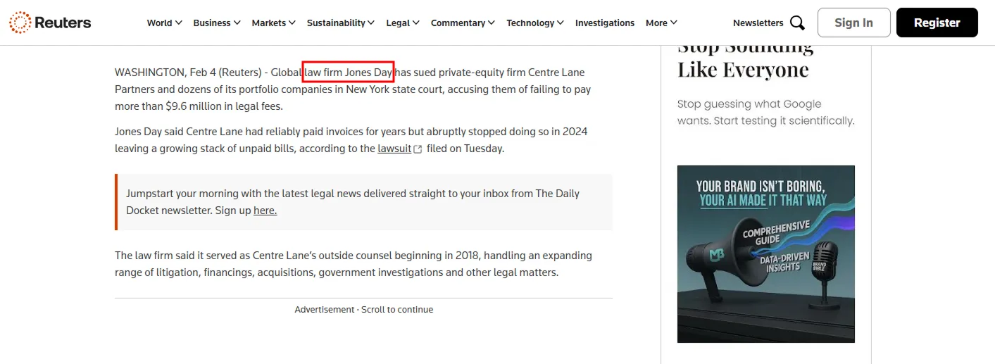 Article mentioning a law firm without a backlink