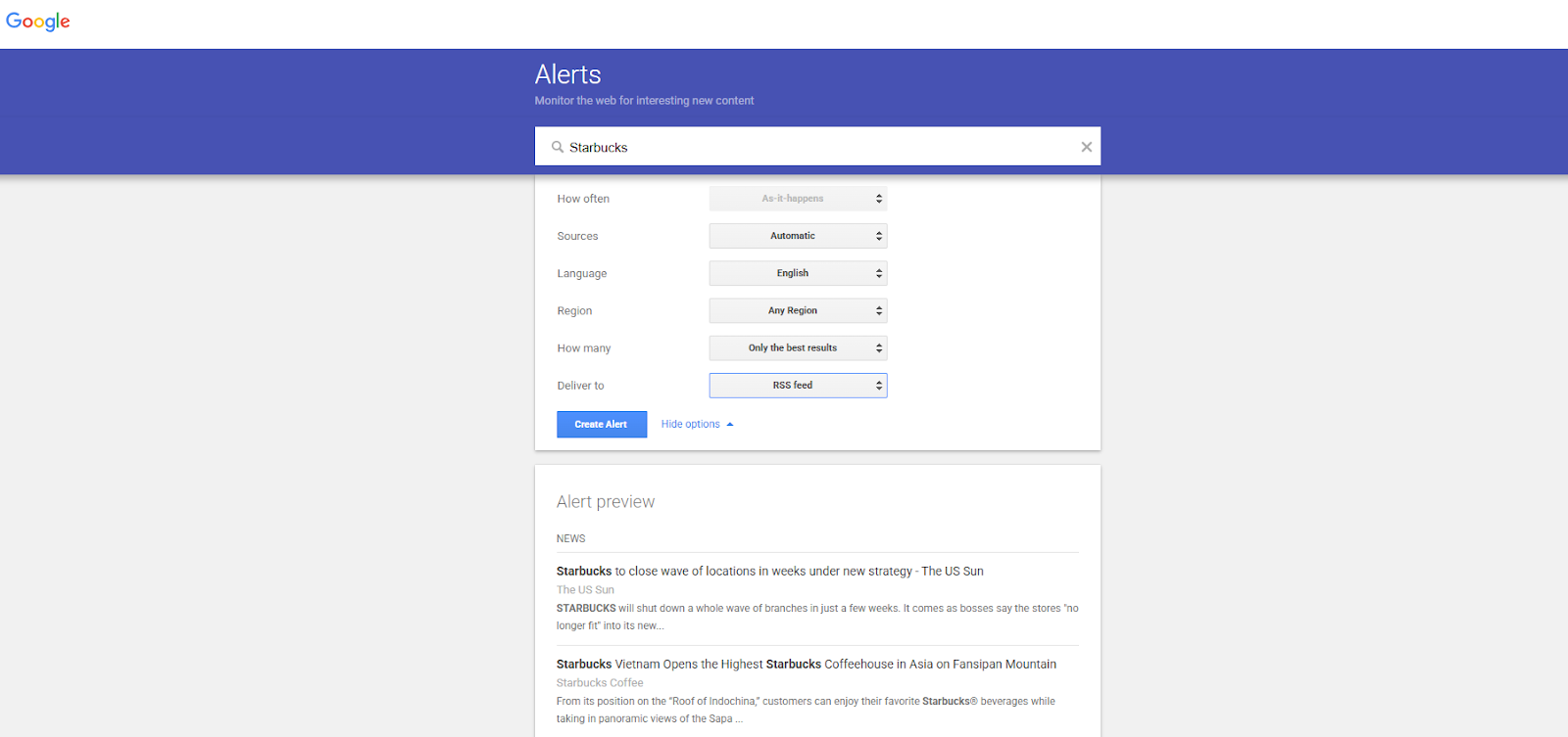 Google alert created for Starbucks