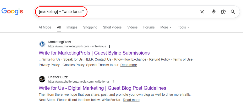 Search results showing marketing websites that accept guest posts
