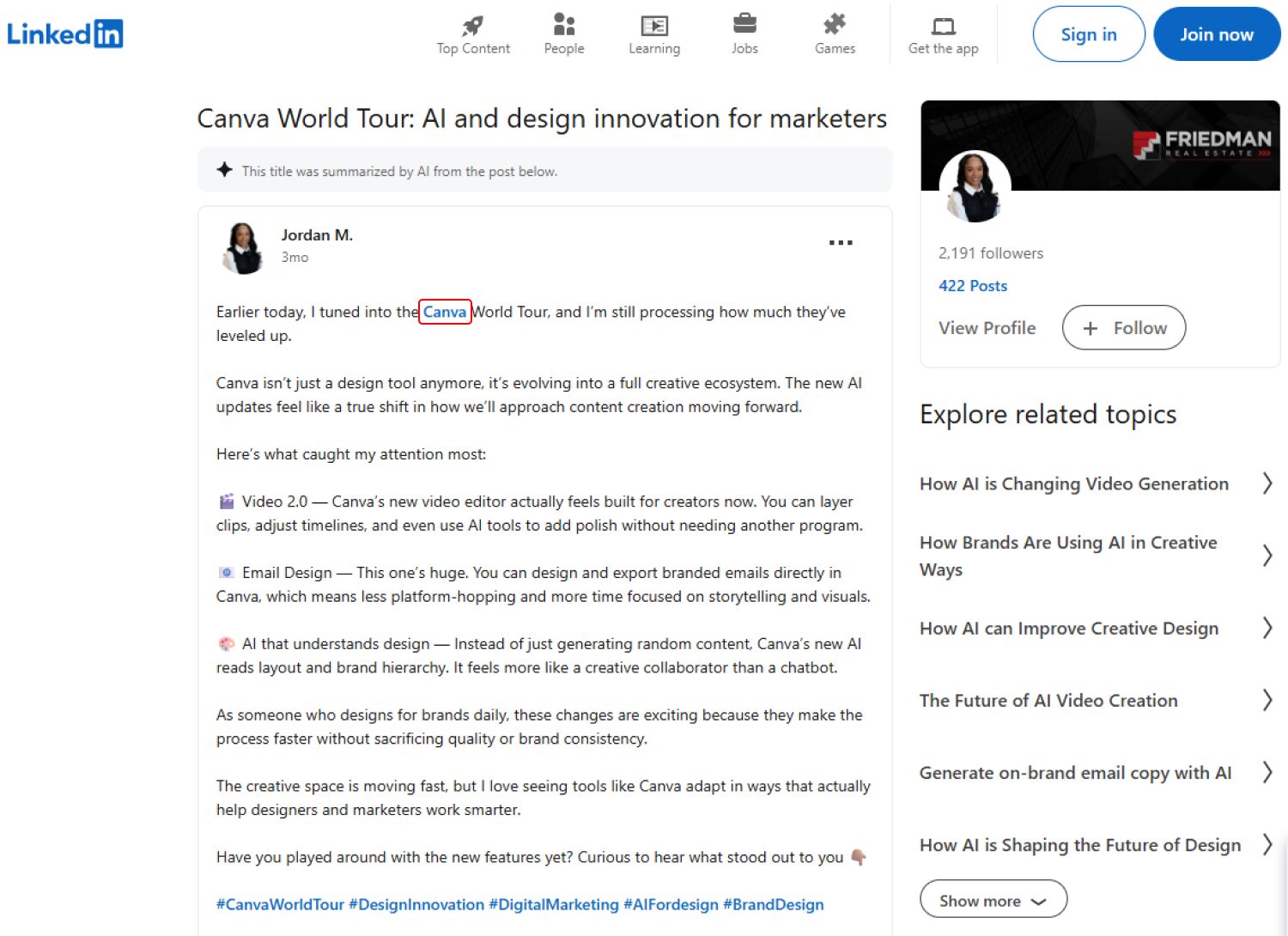 LinkedIn content creator mentioning Canva in a post