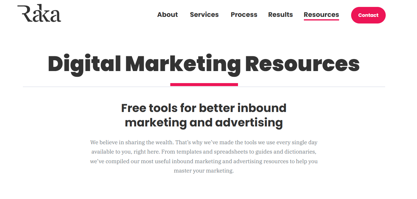 A website listing helpful digital marketing resources