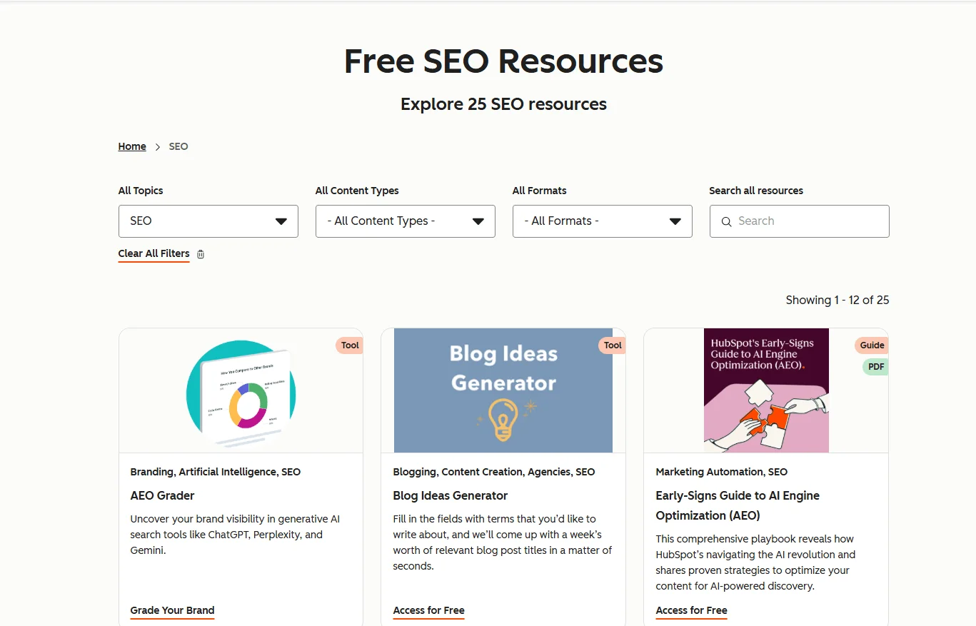 screenshot of free seo resources by HubSpot