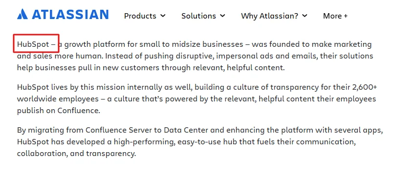 Screenshot of the Atlassian page mentions HubSpot without linking to it.
