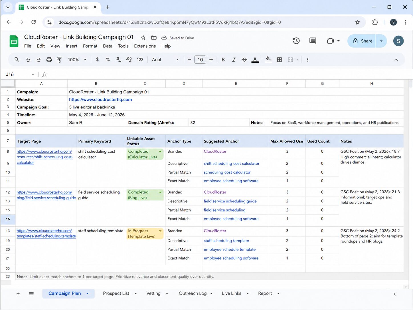example of a link building campaign sheet