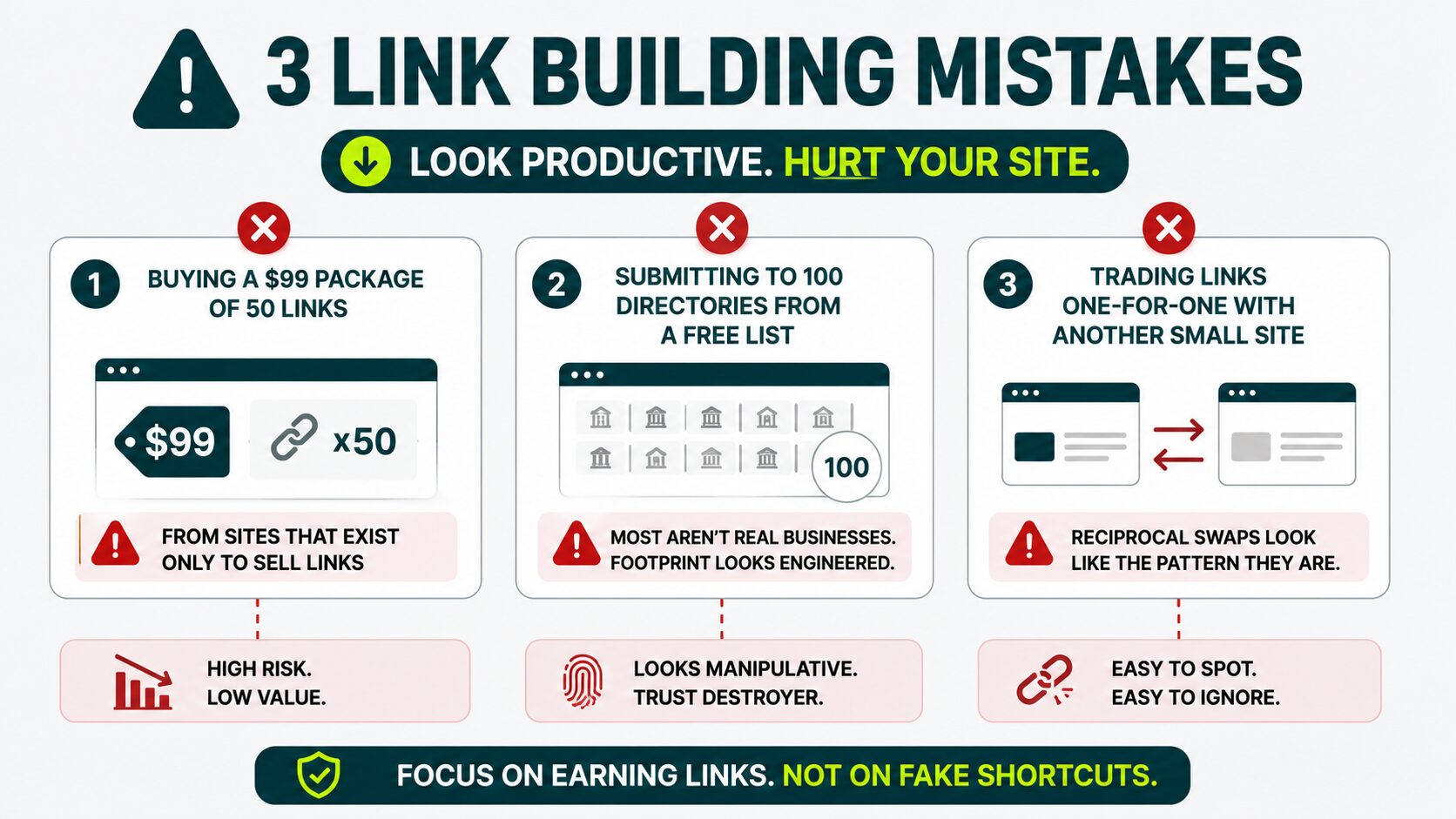 image displaying three link building mistakes