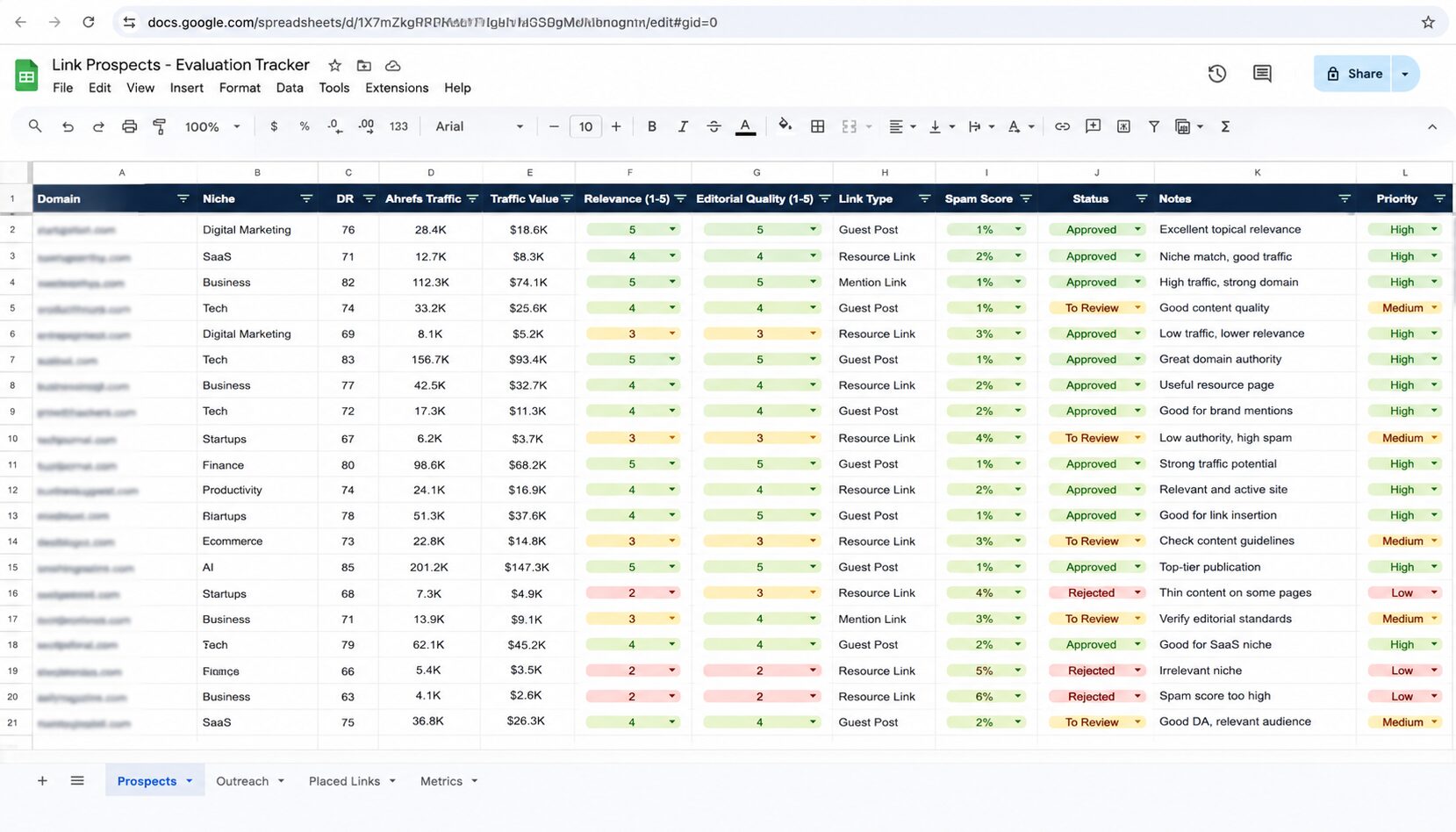 image of a link prospect evaluation tracker sheet