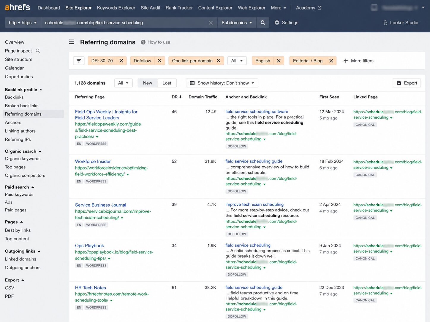 referring domains of a site in ahrefs