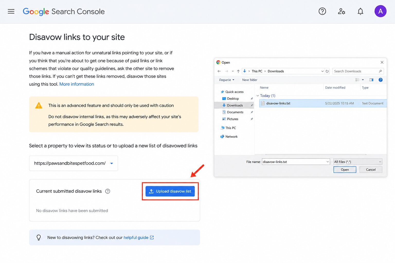 upload txt disavow file
