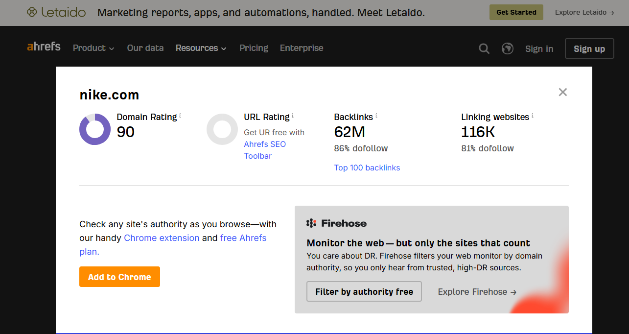 Screenshot of Ahrefs Website Authority Checker displaying Domain Rating, metrics.