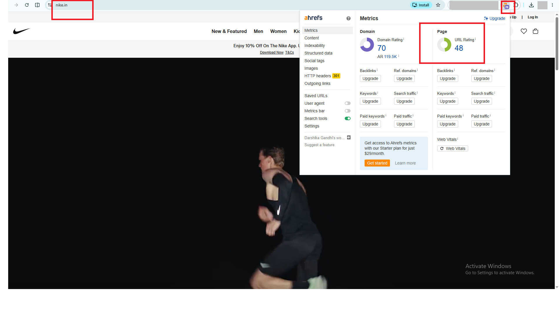 Screenshot demonstrating how to compare Domain Rating and URL Rating in Ahrefs when evaluating backlink quality.