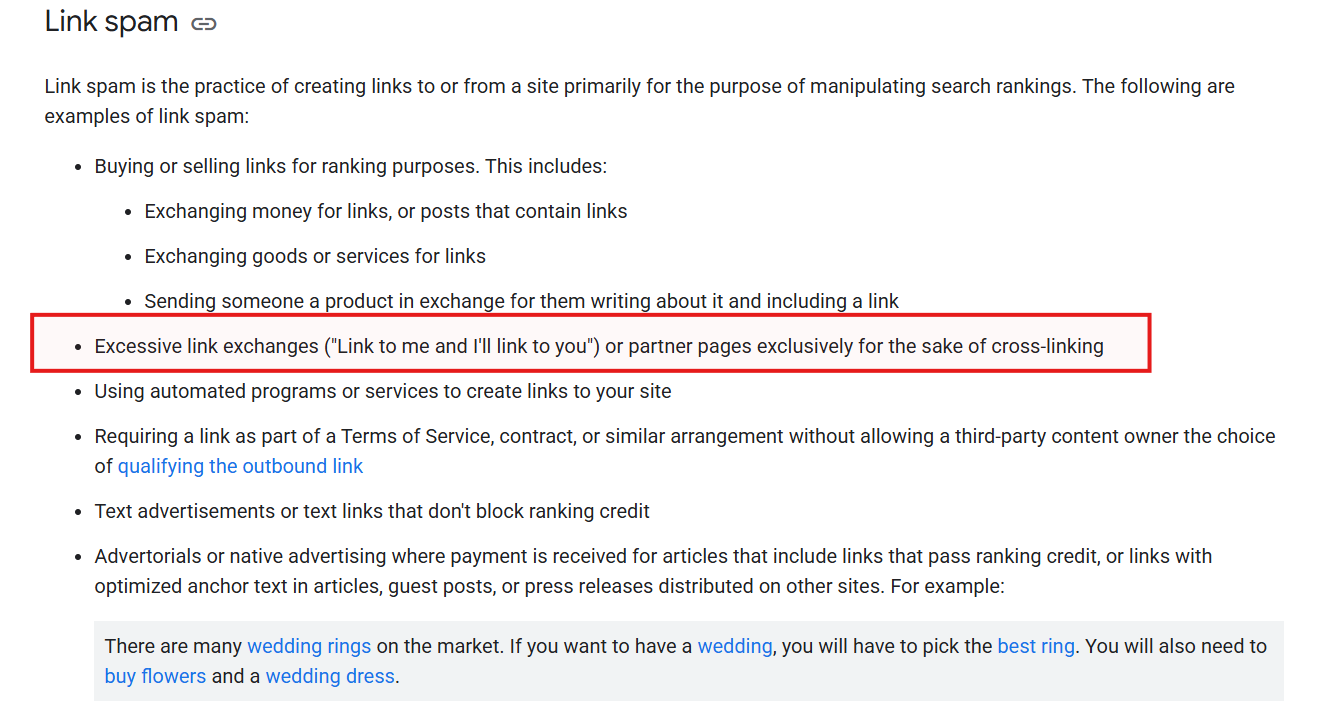 Screenshot of Google's Link Spam Policy highlighting excessive link exchanges and partner pages created for cross-linking.