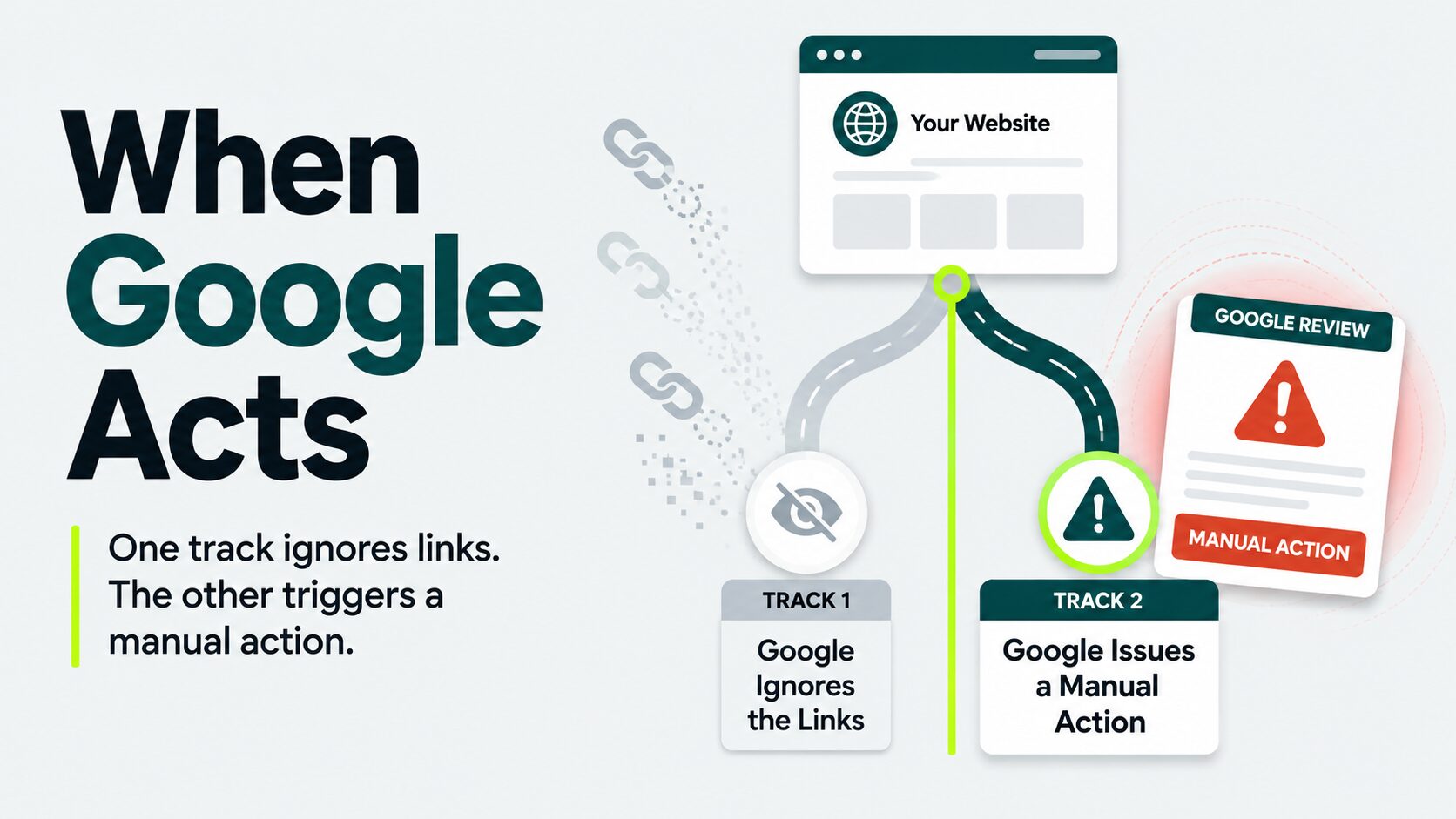 Flowchart showing Google's two responses to PBN backlinks: ignoring manipulative links or issuing a manual action.
