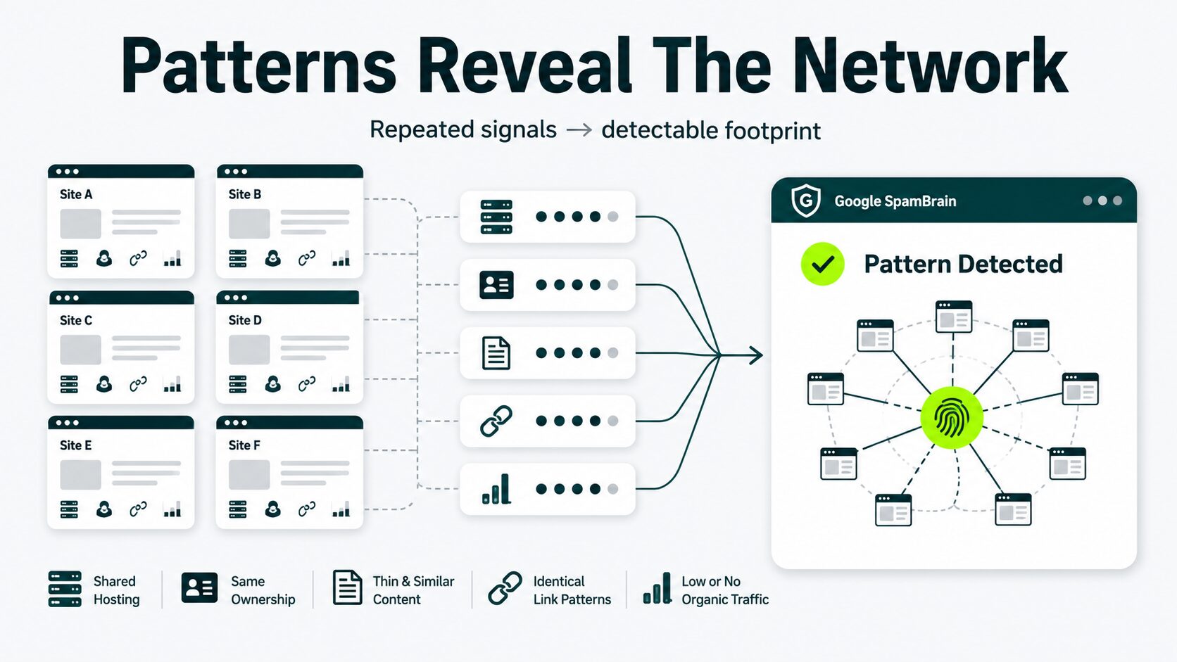 Illustration showing how Google SpamBrain detects private blog networks through shared hosting, ownership, thin content, identical link patterns, and low organic traffic.