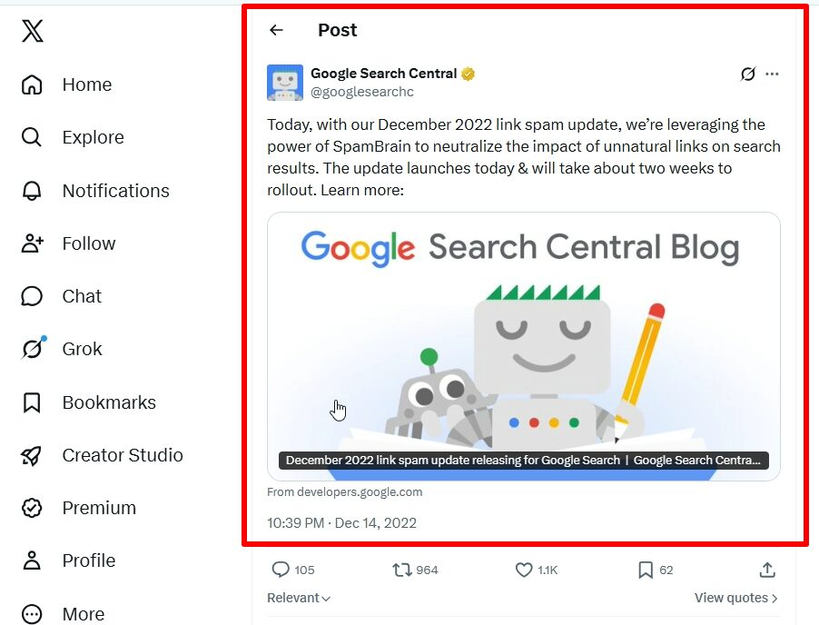 google search central tweet on december link spam update
