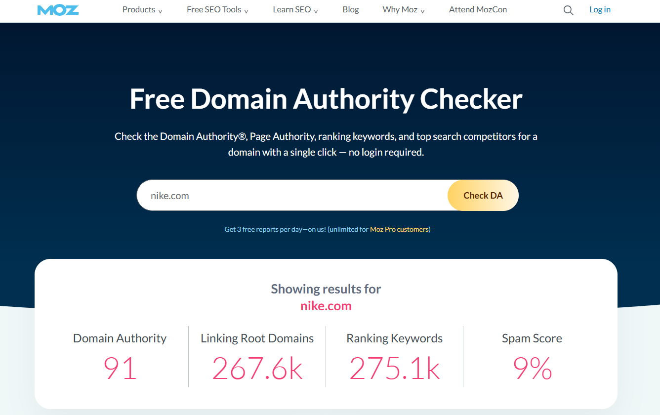 Screenshot of Moz's Free Domain Authority Checker showing Domain Authority and related SEO metrics.