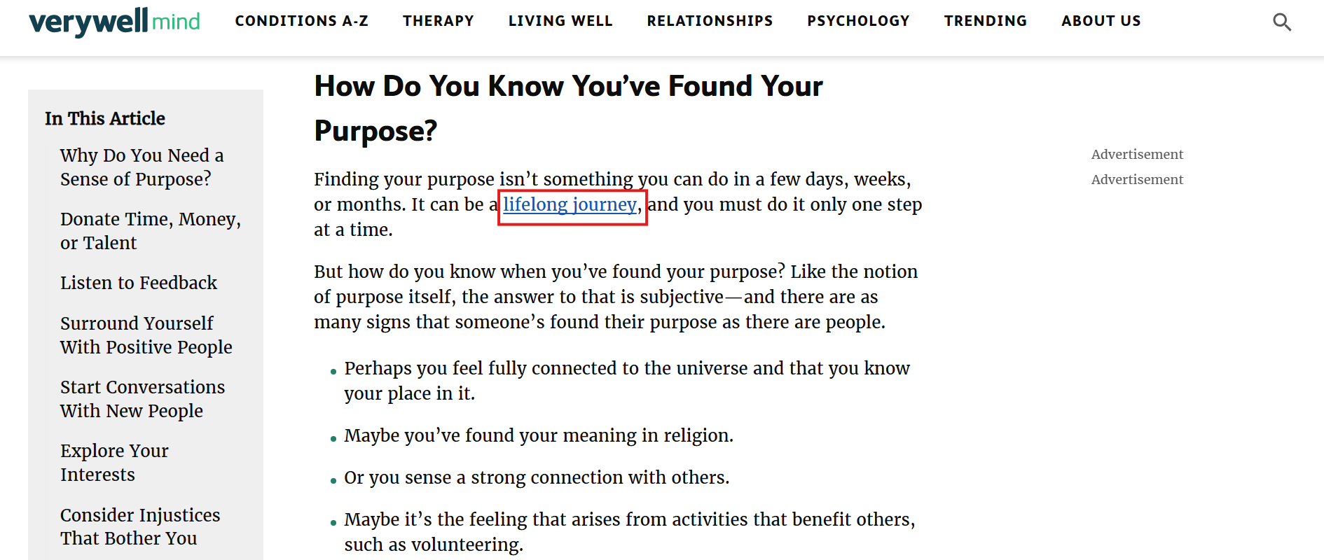 Screenshot illustrating natural anchor text usage within published content on a website.