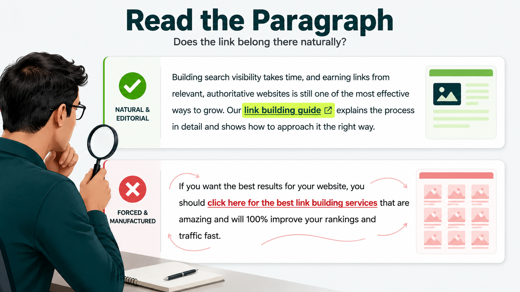 Illustration comparing naturally placed editorial backlinks with forced, keyword-stuffed backlink placements.