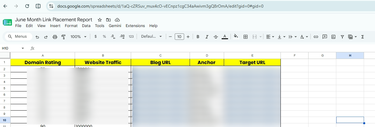 Example monthly link building report displaying domain rating, website traffic, anchor text, blog URL, and target URL.
