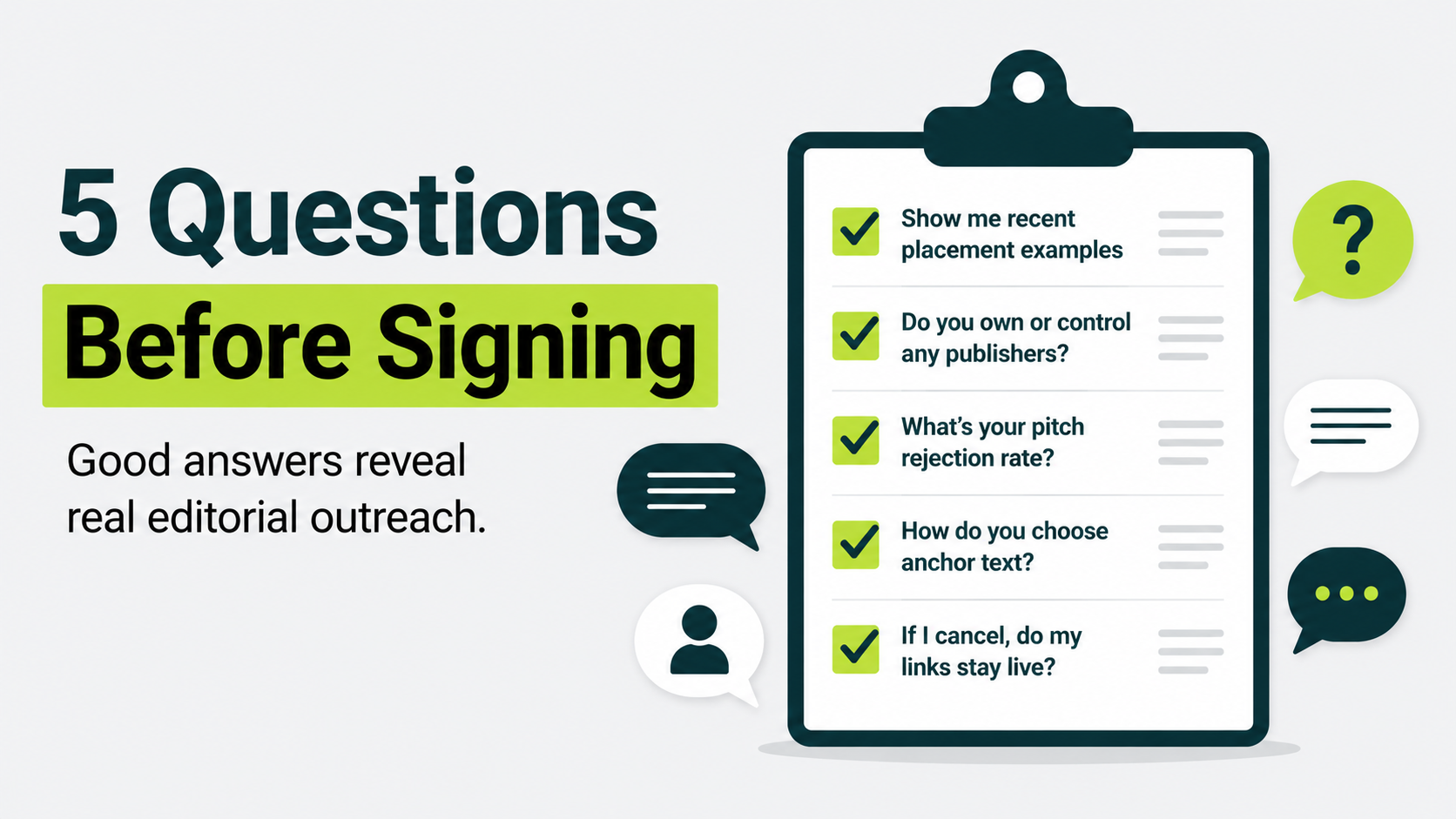 Checklist highlighting five important questions to ask before hiring an organic link building service.