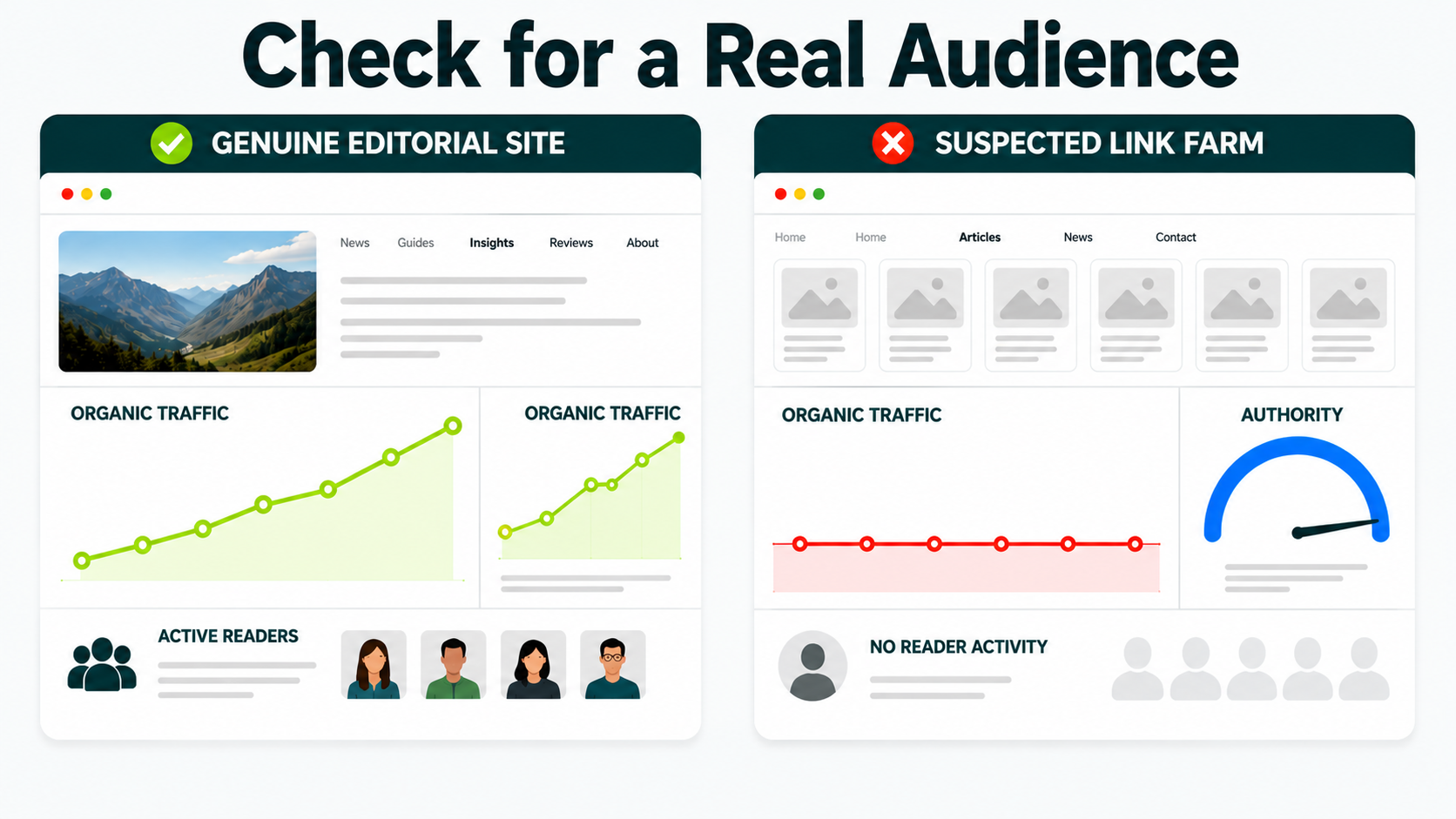 Comparison showing how to identify websites with a real audience versus suspected link farms using organic traffic signals.