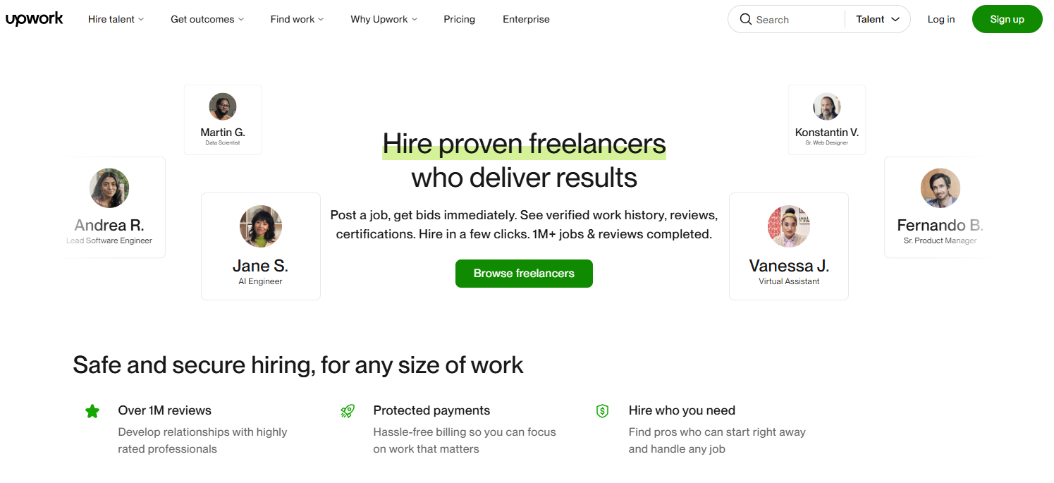 Screenshot of the Upwork marketplace for hiring freelances