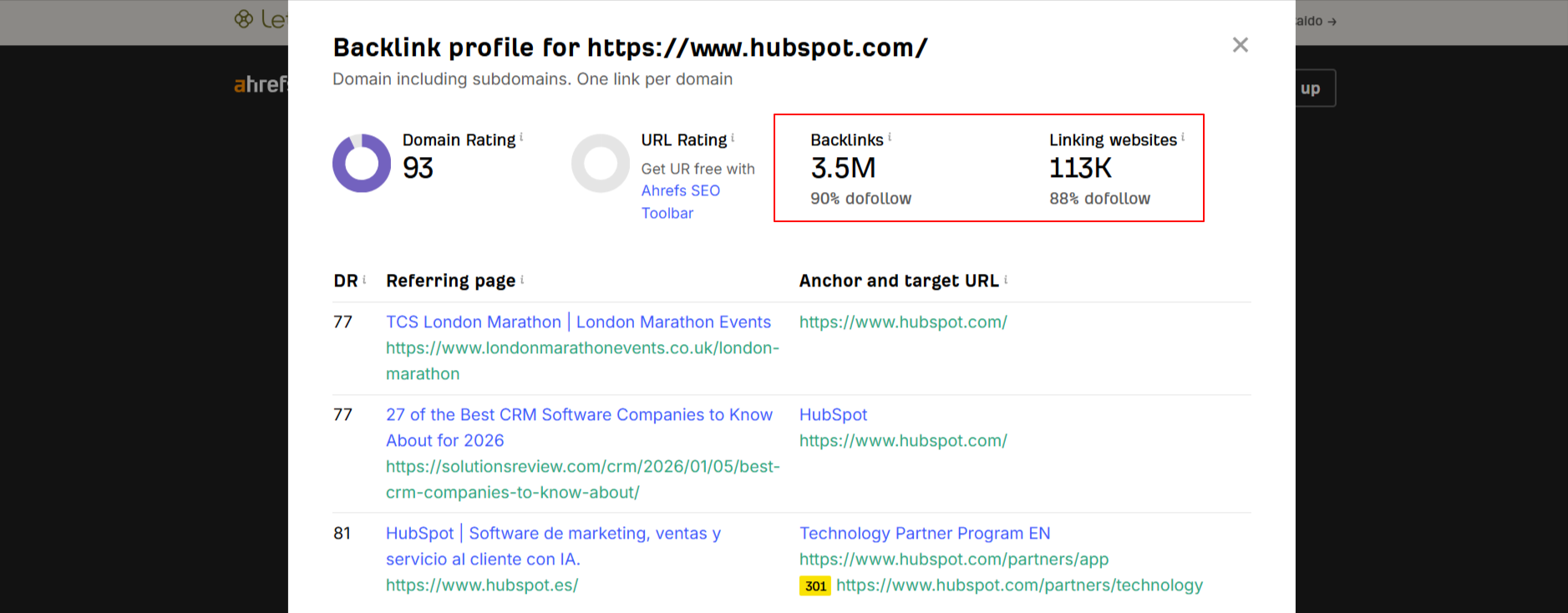 Ahrefs backlink profile for HubSpot showing backlinks and linking websites.