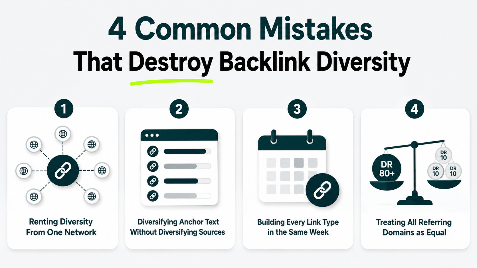 Infographic showing four common backlink diversity mistakes: relying on one network, varying anchor text without sources, building every link type at once, and treating referring domains equally.