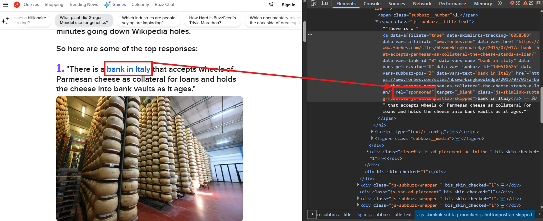 BuzzFeed example showing a sponsored link with the rel="sponsored" attribute visible in the HTML code.