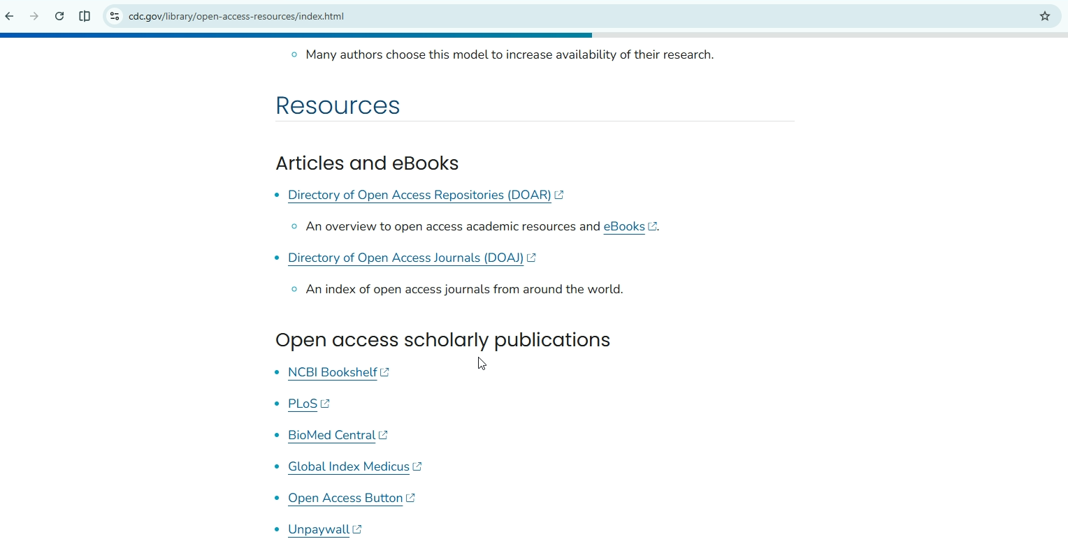 Screenshot of a CDC resource page showing a curated collection of authoritative external resources.