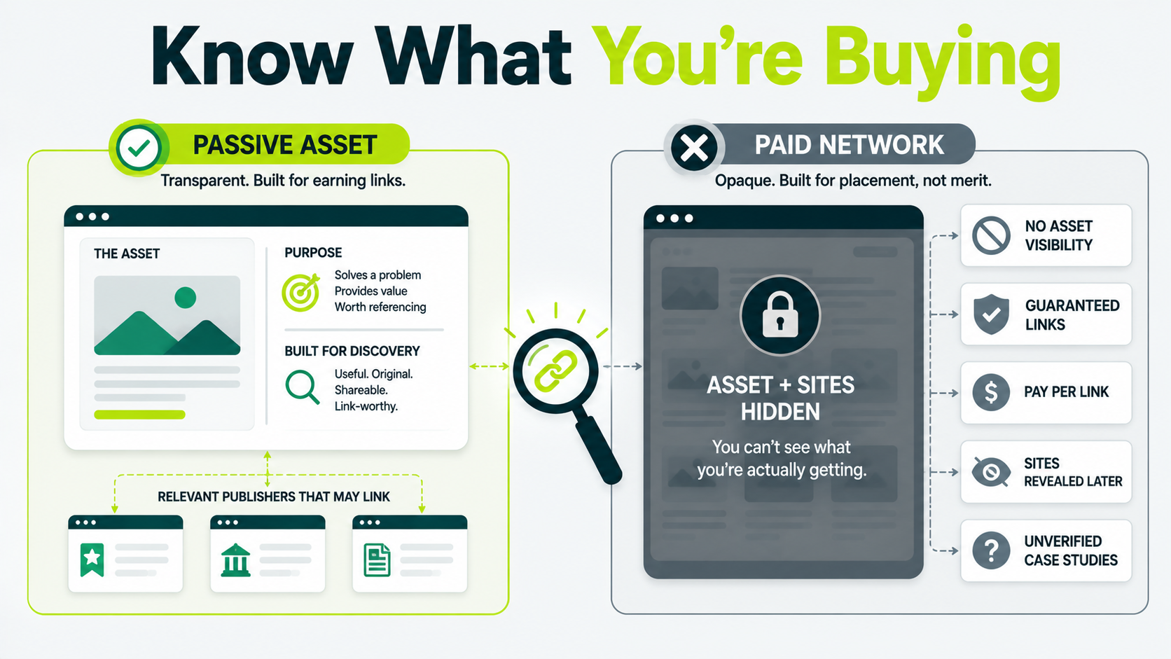 Comparison showing passive content asset versus paid link network File Name: passive-asset-vs-paid-link-network.png