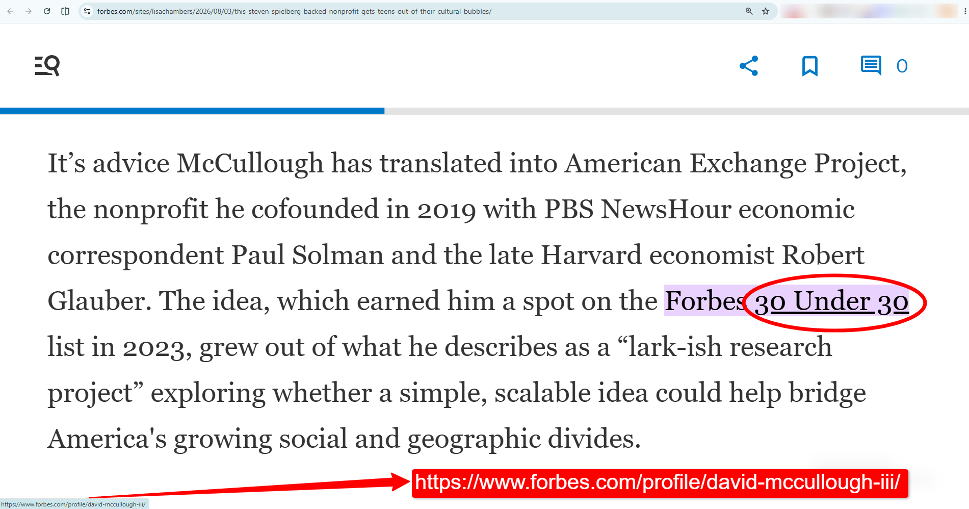 Forbes article screenshot showing an internal link from the text “30 Under 30” to a Forbes profile page. File Name: forbes-internal-link-example.png