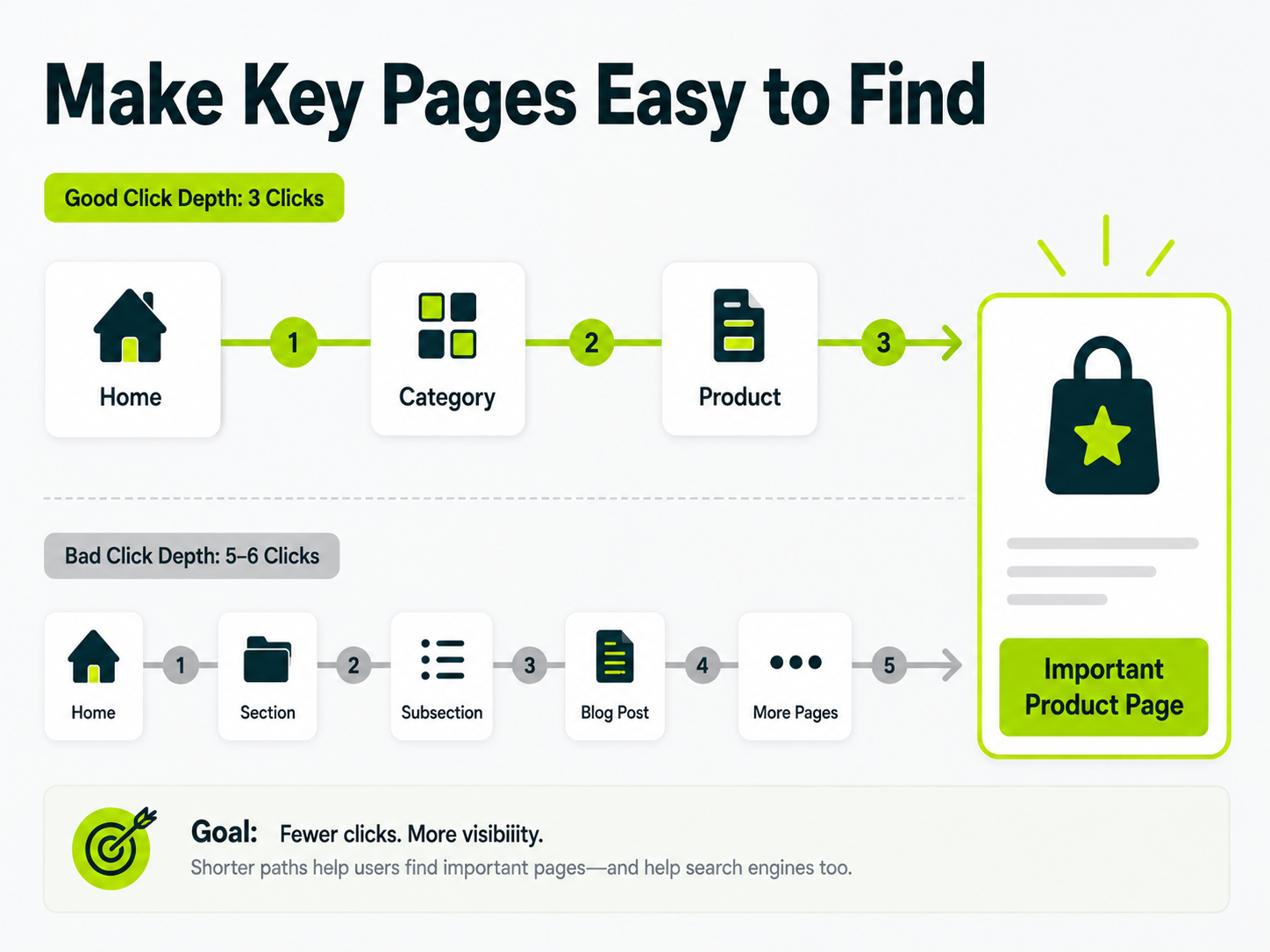 Diagram comparing good three-click page depth with a five-to-six-click path to an important product page.