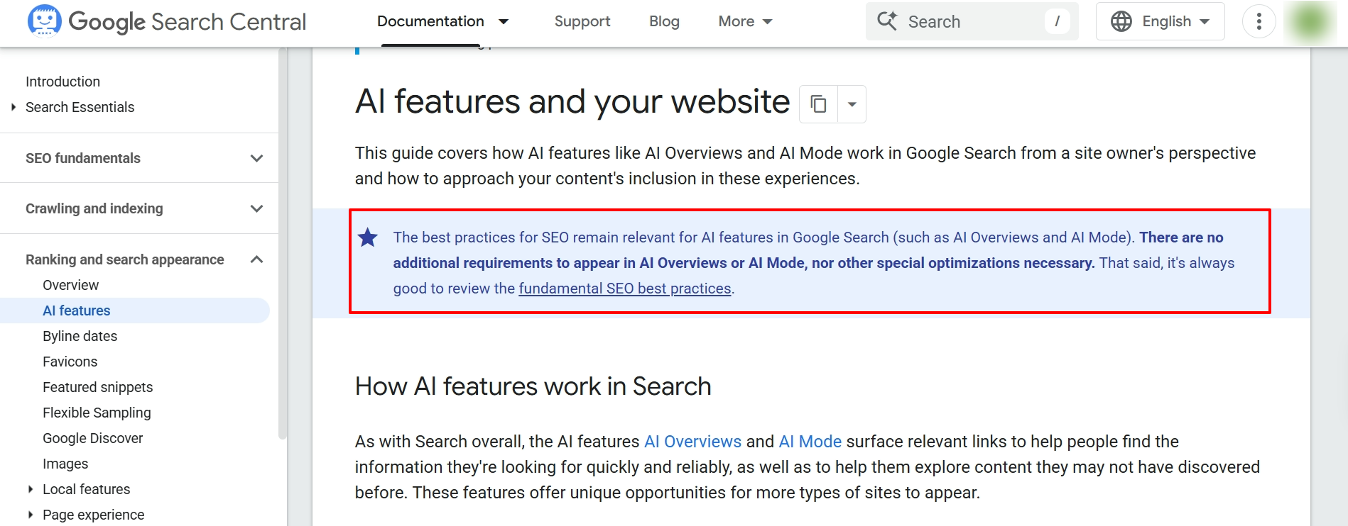 Google Search Central screenshot explaining that standard SEO practices remain relevant for AI features in Google Search.