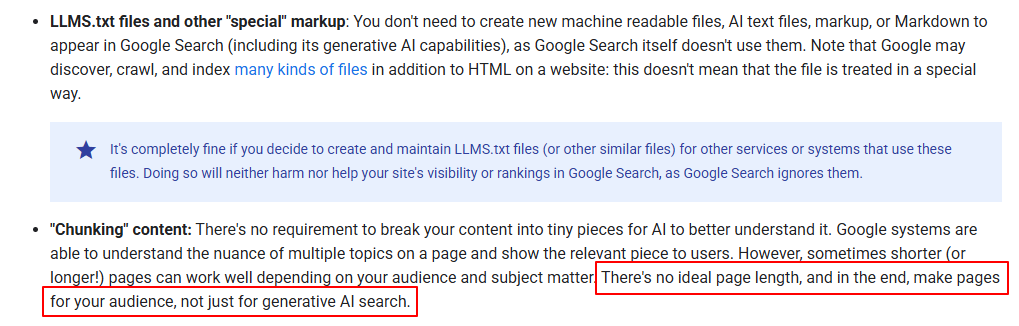 Screenshot of Google's AI Search guidance explaining that no special markup, page length, or formatting guarantees inclusion in AI answers.