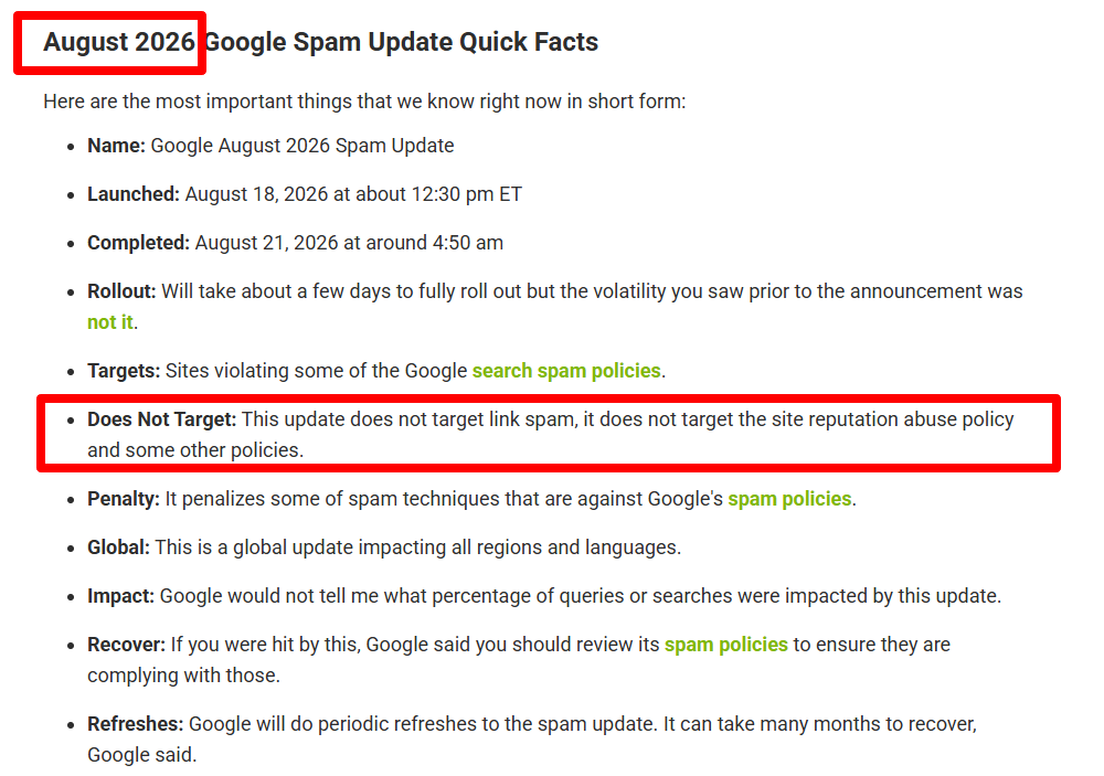 Google August 2026 Spam Update quick facts showing that the update did not target link spam.